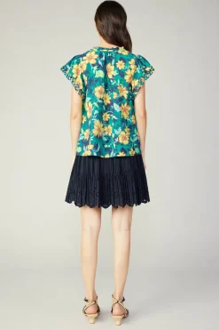 Fashion Botanical Print Eyelet Blouse Women Sleeveless Tops