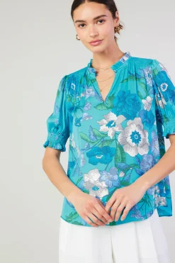 Online Botanical Smocked Shoulder Blouse Women Short Sleeve Tops