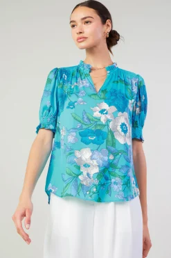 Online Botanical Smocked Shoulder Blouse Women Short Sleeve Tops