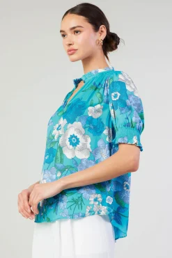 Online Botanical Smocked Shoulder Blouse Women Short Sleeve Tops