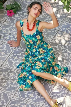 Sale Botanical Tiered Ruffle Dress Women Midi Dresses