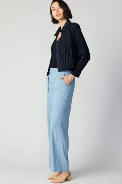 Outlet Button Down Pleated Top Women Long Sleeve Tops