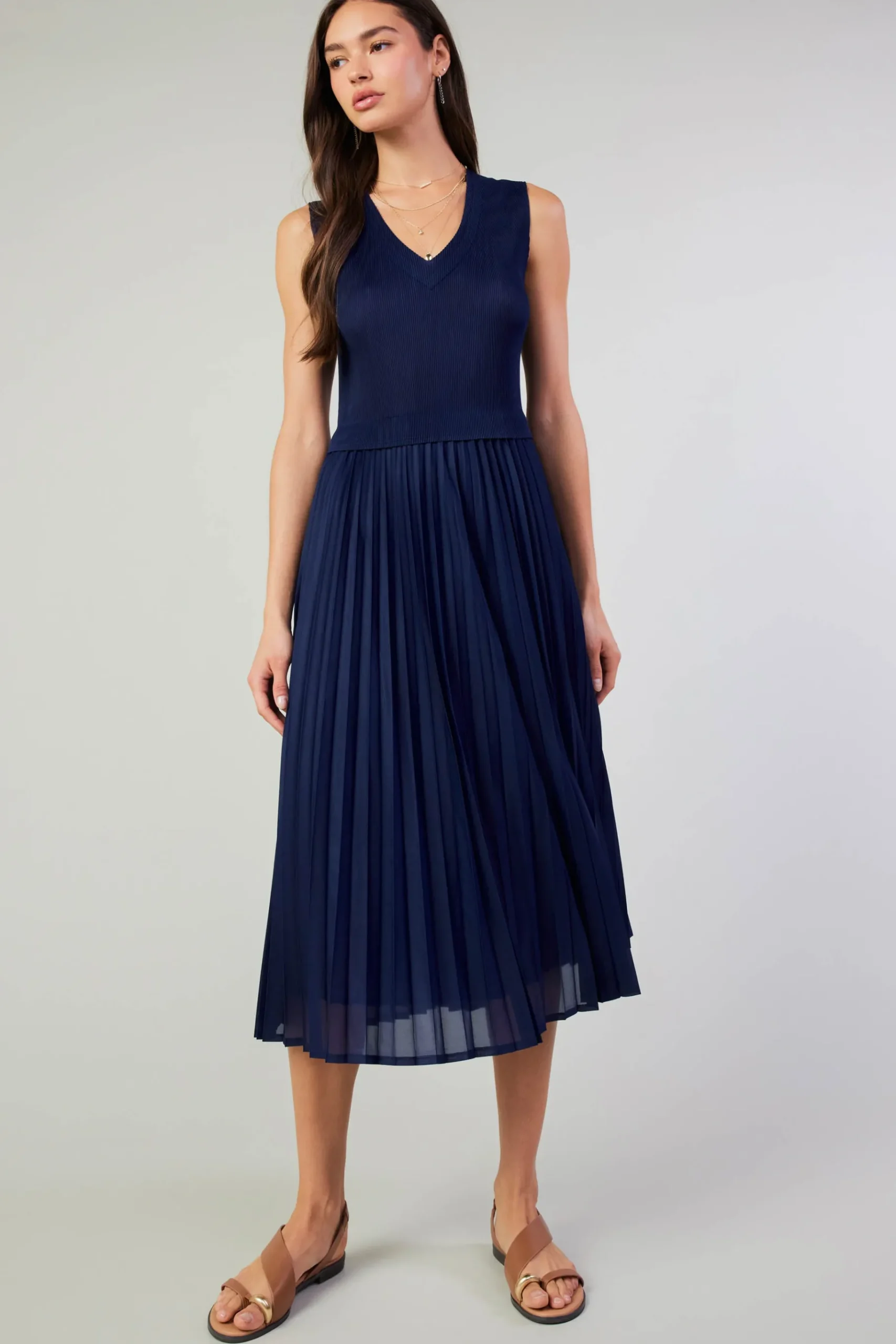Outlet Cari Ribbed Contrast Pleated Dress Women Midi Dresses