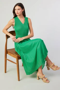 Fashion Cari Ribbed Contrast Pleated Dress Women Midi Dresses