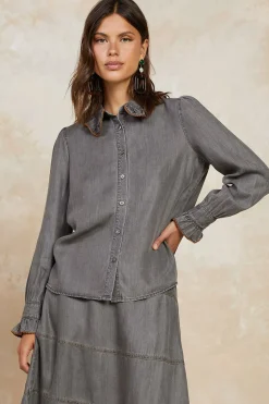 Sale Chambray Button Down Blouse Women Long Sleeve Tops