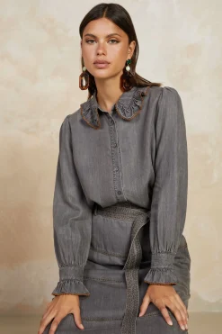 Sale Chambray Button Down Blouse Women Long Sleeve Tops