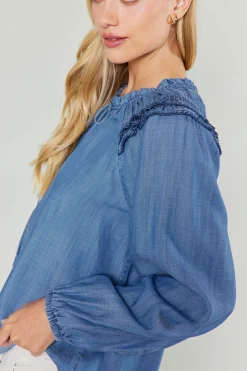 Discount Picot Stitched Blouse Women Long Sleeve Tops
