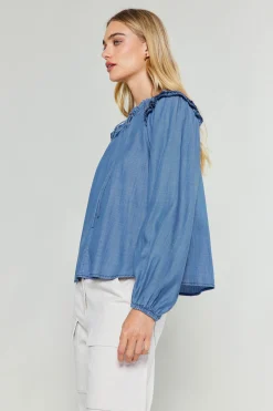 Discount Picot Stitched Blouse Women Long Sleeve Tops