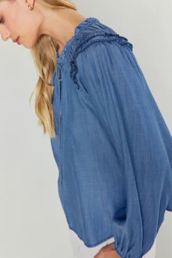 Discount Picot Stitched Blouse Women Long Sleeve Tops
