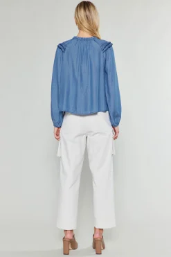 Discount Picot Stitched Blouse Women Long Sleeve Tops