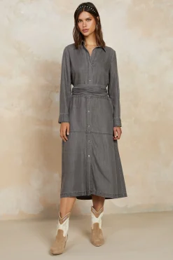 Hot Chambray Shirt Dress Women Midi Dresses