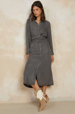 Hot Chambray Shirt Dress Women Midi Dresses