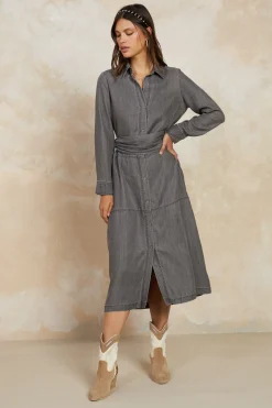 Hot Chambray Shirt Dress Women Midi Dresses
