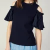 Online Cold Shoulder Pleated Top Women Knitwear | Short Sleeve Tops