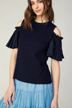 Online Cold Shoulder Pleated Top Women Knitwear | Short Sleeve Tops