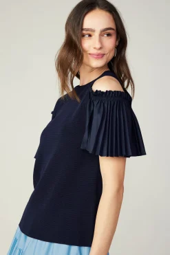 Online Cold Shoulder Pleated Top Women Knitwear | Short Sleeve Tops