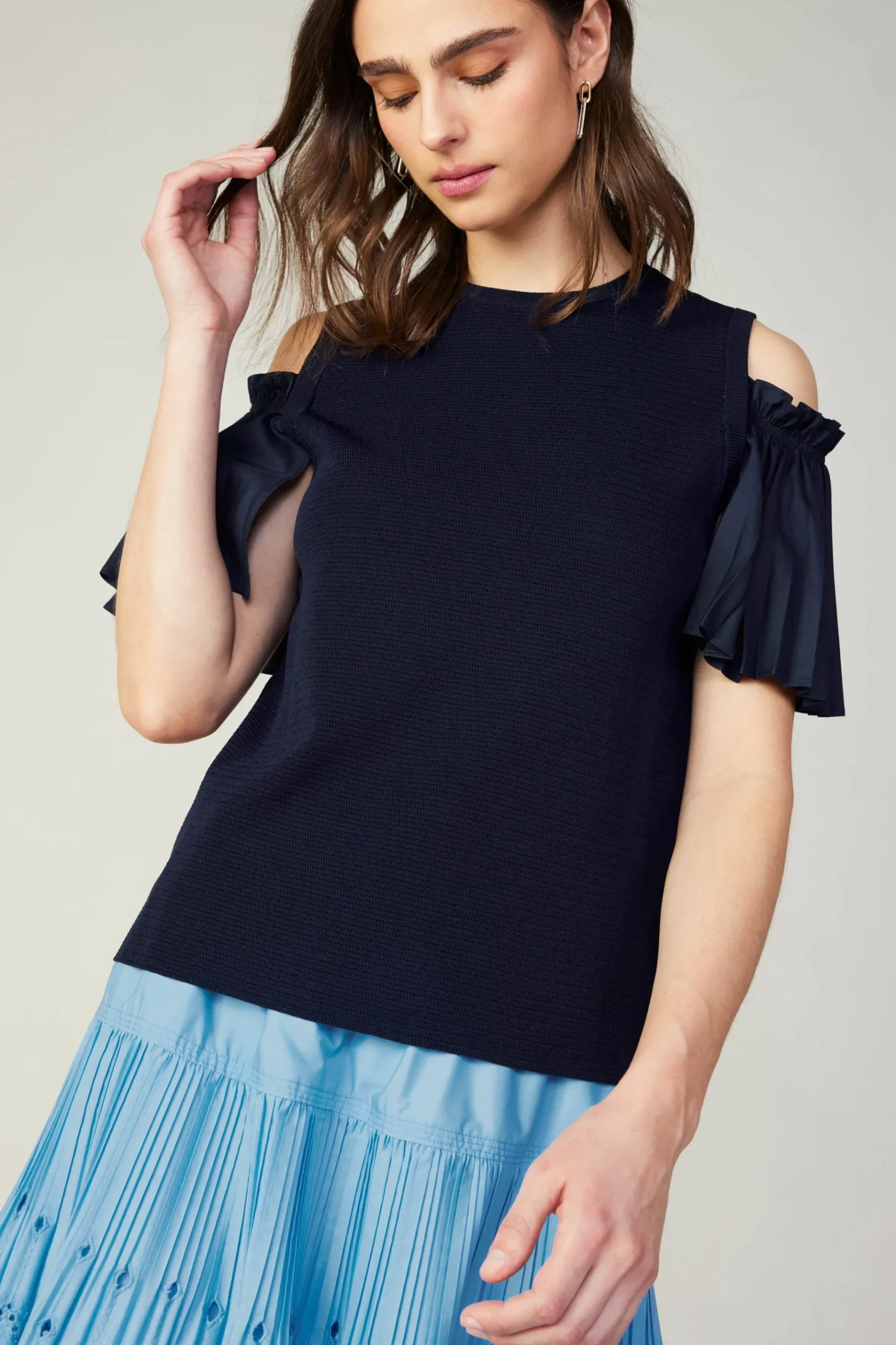 Online Cold Shoulder Pleated Top Women Knitwear | Short Sleeve Tops