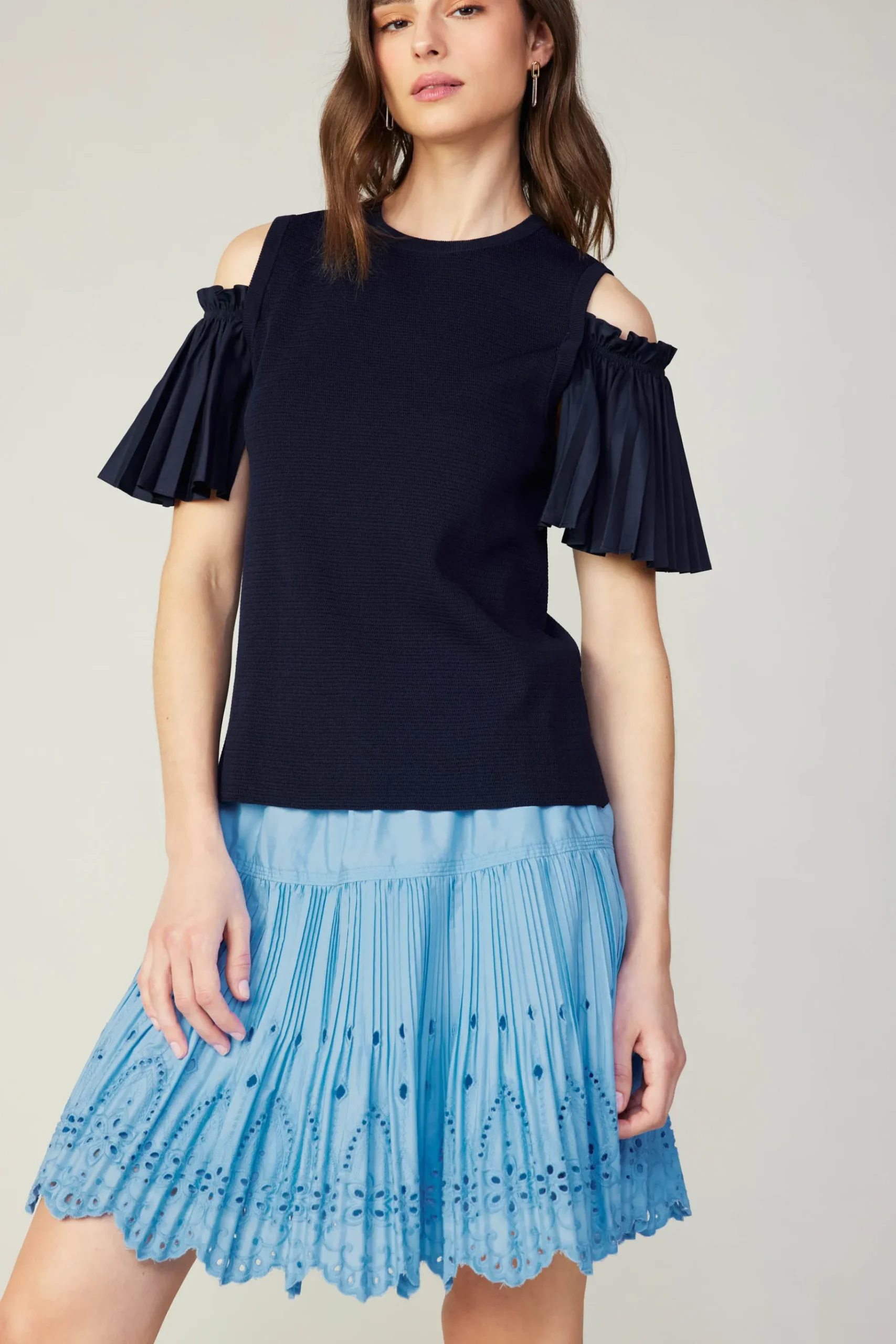Online Cold Shoulder Pleated Top Women Knitwear | Short Sleeve Tops