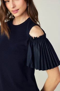 Online Cold Shoulder Pleated Top Women Knitwear | Short Sleeve Tops