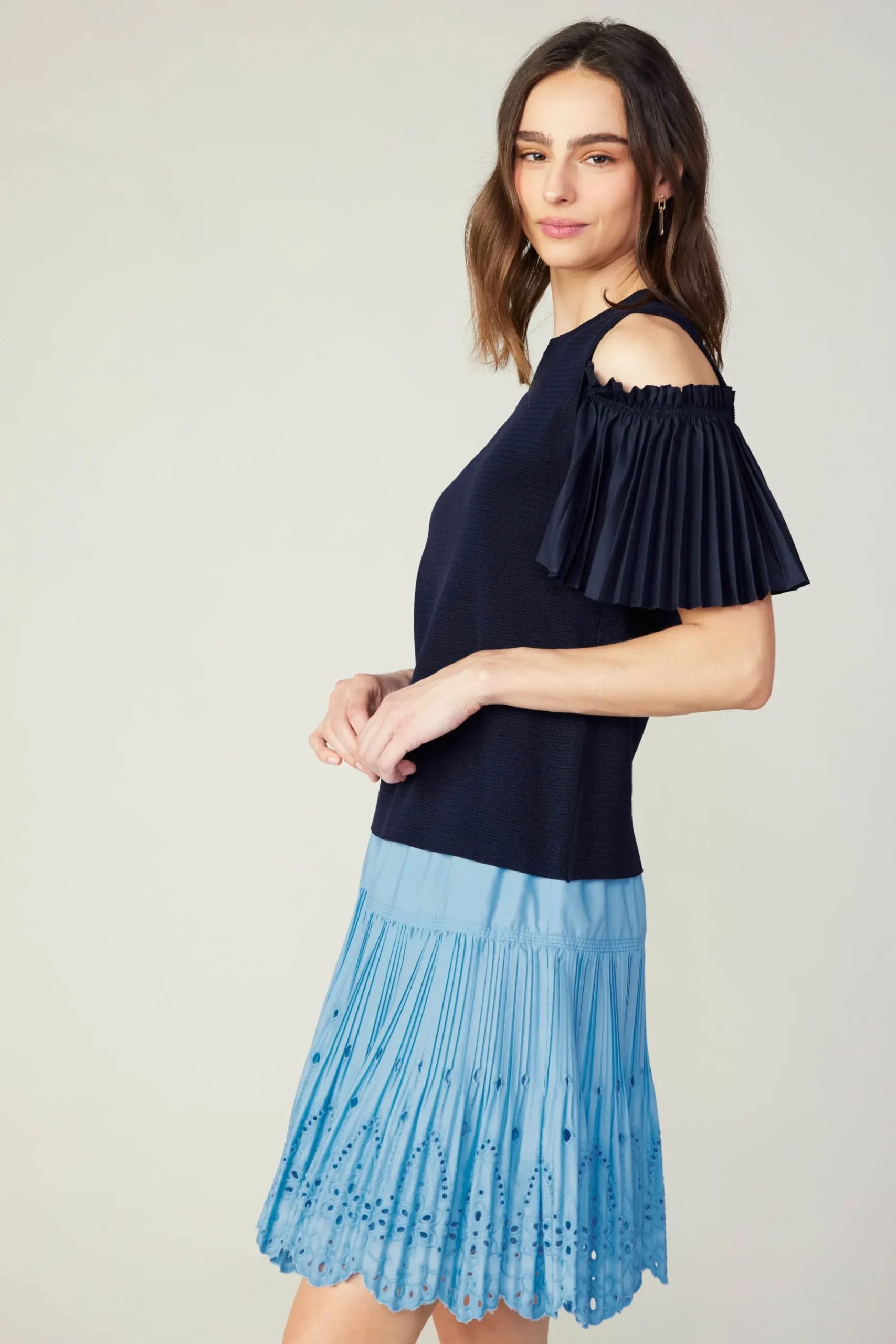 Online Cold Shoulder Pleated Top Women Knitwear | Short Sleeve Tops