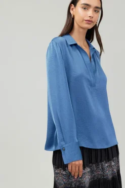 Hot Collared Splitneck Blouse Women Long Sleeve Tops