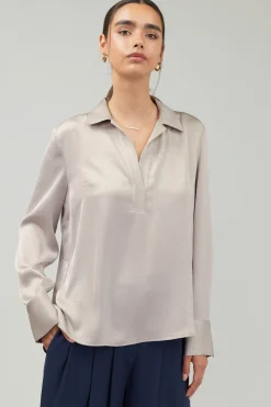 Clearance Collared Splitneck Blouse Women Long Sleeve Tops