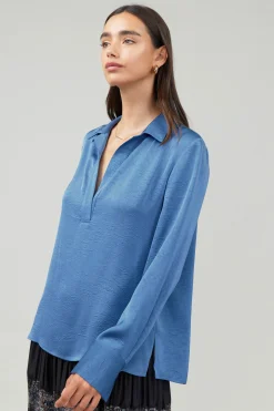 Hot Collared Splitneck Blouse Women Long Sleeve Tops