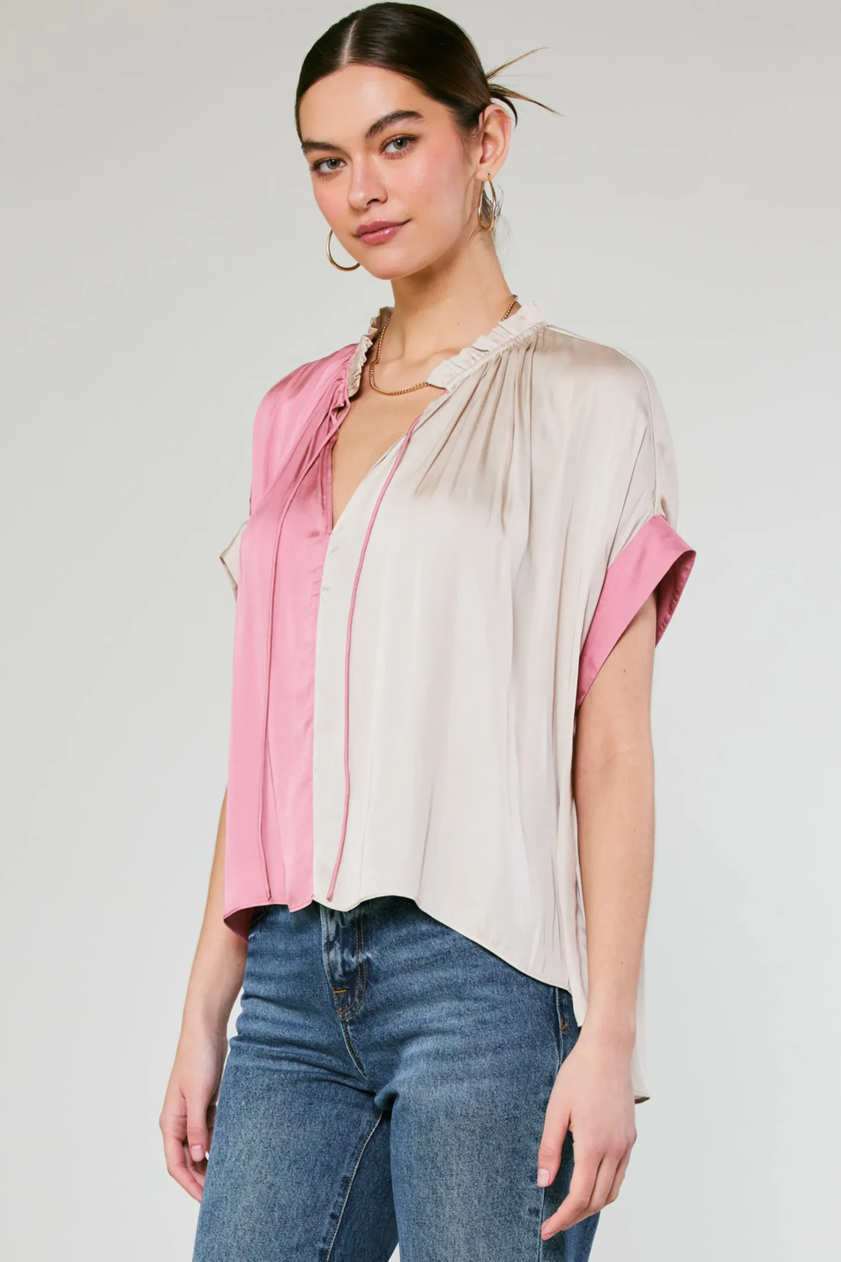 Online Colorblock Contrast Top Women Short Sleeve Tops