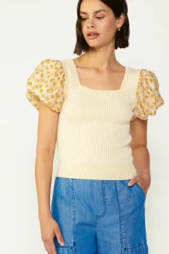 Fashion Constrast Puff Sleeve Sweater Top Women Short Sleeve Tops | Sweaters
