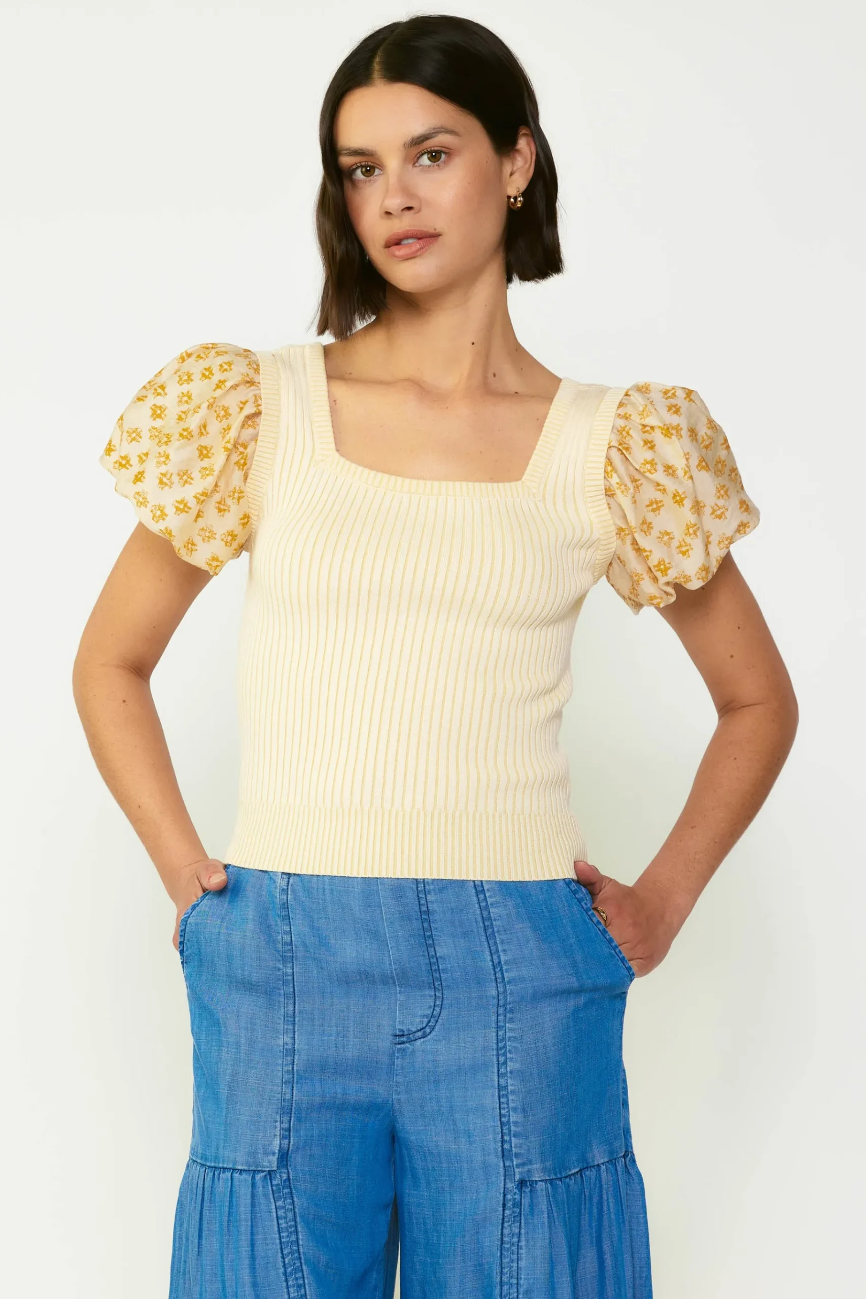Fashion Constrast Puff Sleeve Sweater Top Women Short Sleeve Tops | Sweaters