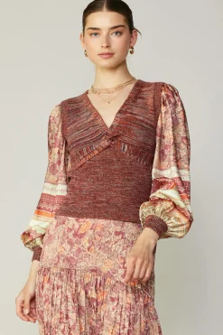 Clearance Contrast Sleeve Border Print Sweater Women Sweaters