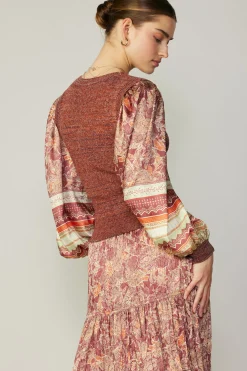 Clearance Contrast Sleeve Border Print Sweater Women Sweaters