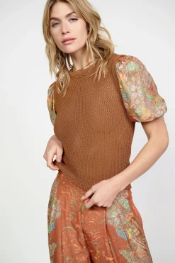 Online Contrast Sleeve Retro Knit Top Women Short Sleeve Tops | Sweaters