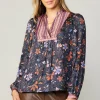 Fashion Contrast Stripe Floral Blouse Women Long Sleeve Tops