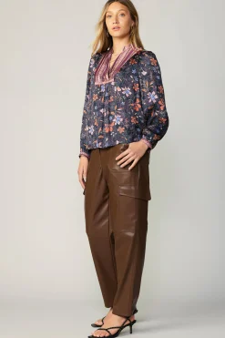 Fashion Contrast Stripe Floral Blouse Women Long Sleeve Tops