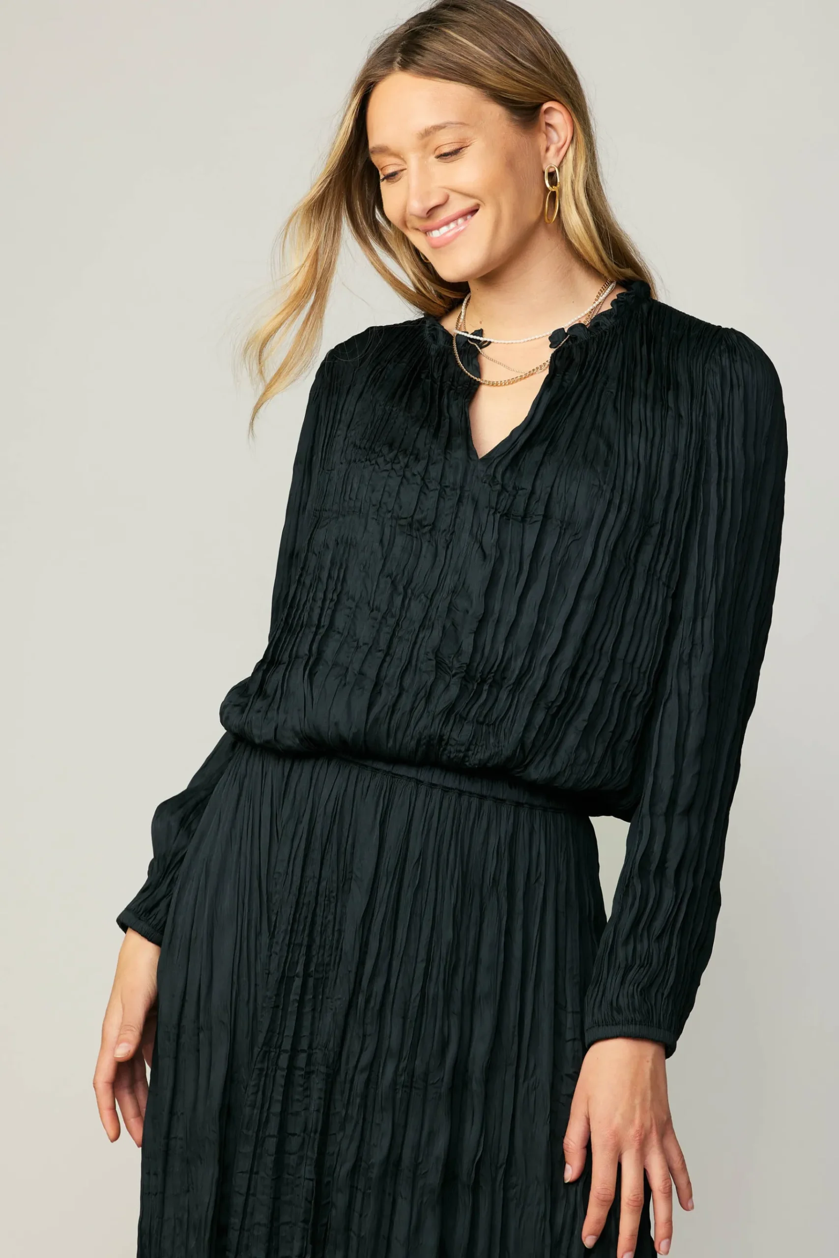 Sale Crinkle Plisse Blouse Women Long Sleeve Tops