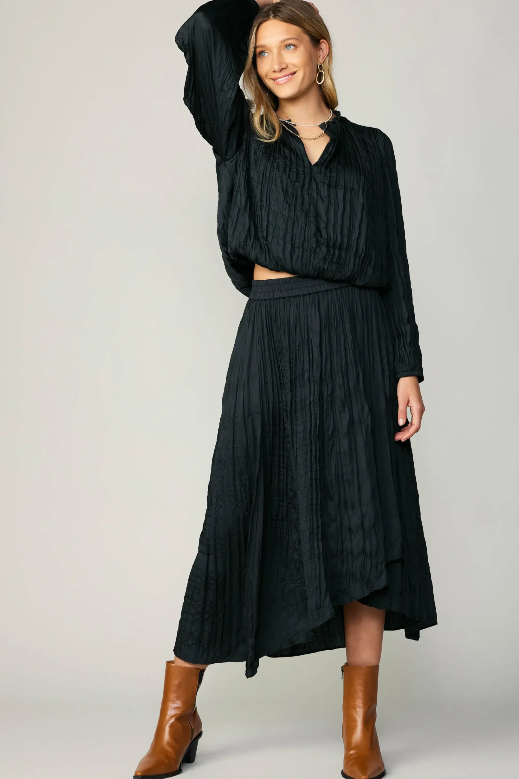Sale Crinkle Plisse Blouse Women Long Sleeve Tops