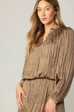 Discount Crinkle Plisse Blouse Women Long Sleeve Tops