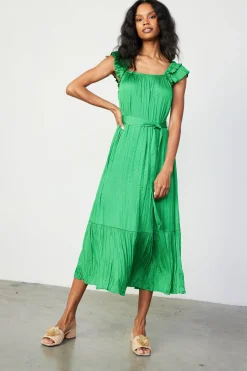 Clearance Crinkled Ruffled Shoulder Midi Dress Women Midi Dresses