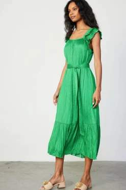 Clearance Crinkled Ruffled Shoulder Midi Dress Women Midi Dresses