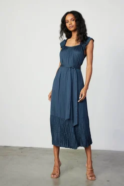 Clearance Crinkled Ruffled Shoulder Midi Dress Women Midi Dresses