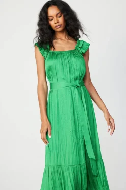Clearance Crinkled Ruffled Shoulder Midi Dress Women Midi Dresses
