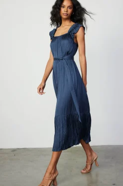 Clearance Crinkled Ruffled Shoulder Midi Dress Women Midi Dresses