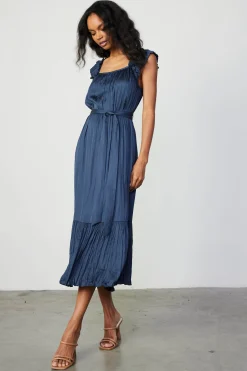 Clearance Crinkled Ruffled Shoulder Midi Dress Women Midi Dresses