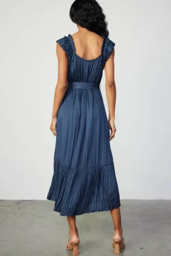 Clearance Crinkled Ruffled Shoulder Midi Dress Women Midi Dresses