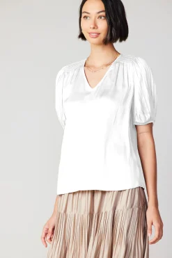 New Cuffed Pleated Yoke Top Women Short Sleeve Tops