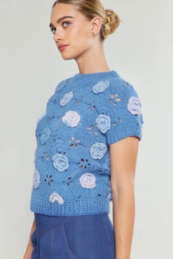 Best 3D Floral Crochet Top Women Knitwear | Short Sleeve Tops