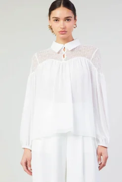 Fashion Elyse Lace Yoke Blouse Women Long Sleeve Tops