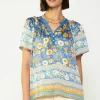 Sale Floral Border Print Blouse Women Short Sleeve Tops