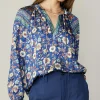 Best Floral Border Print Blouse Women Long Sleeve Tops
